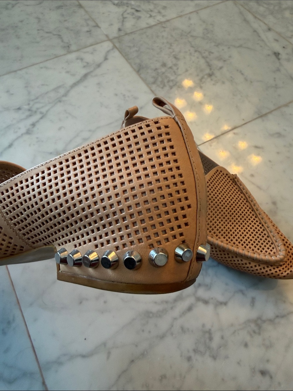 Jeffrey Campbell Tan Perforated Leather Pointed Loafers with Silver Stud Heel - Picture 2 of 5